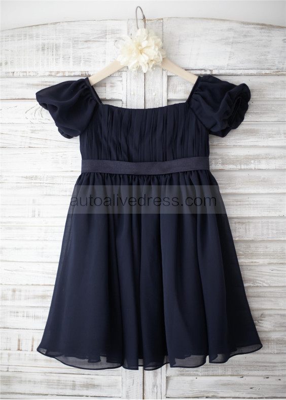 Navy Blue Chiffon Puff Sleeves Knee Length Flower Girl Dress